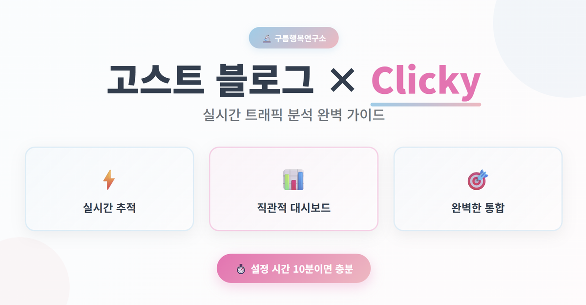 고스트 블로그와 클리키 통합을 설명하는 깔끔한 미니멀 디자인의 트래픽 분석 도구 가이드