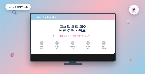 고스트 프로 SEO 최적화 가이드 썸네일 이미지, 구름행복연구소 브랜드 컬러 하늘색 연핑크 그라데이션 배경에 SEO 아이콘들과 함께 표시